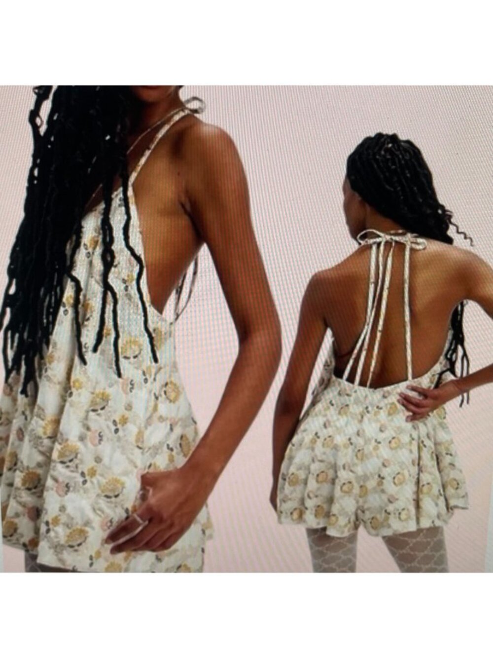 Free People Playsuit Romper Floral Metallic Ivory Gold Backless Halter Small - Picture 3 of 16